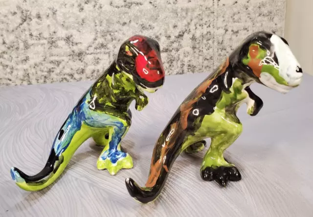 2 DINOSAUR Ceramic Sculpture Figurine  Folk Art Pottery Green Red blue 7.5" tall