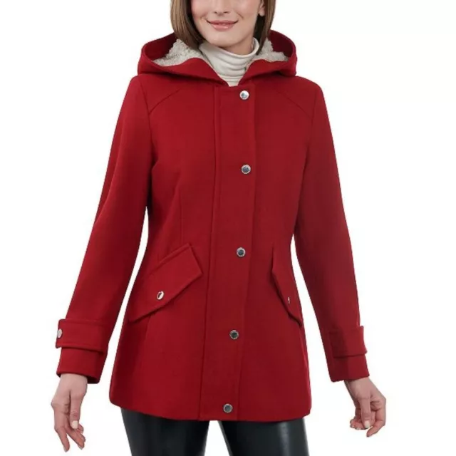 WOMEN'S LONDON FOG Faux-Sherpa Hood Wool-Blend Coat - Red - L - NWOT ...