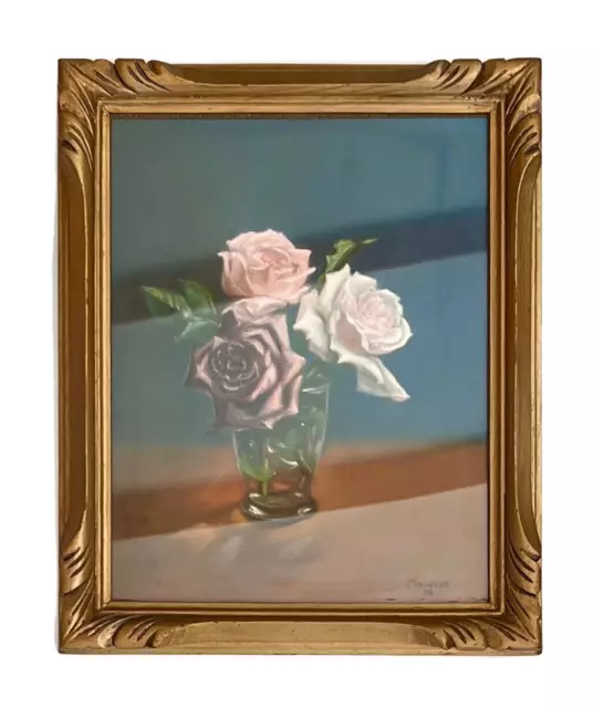 Pastel nature morte signée Maigrot 1936, bouquet de roses, tableau, peinture