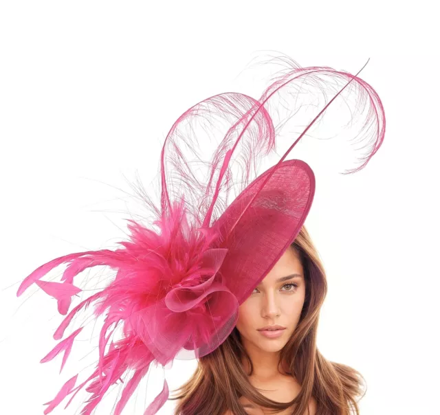 Fuchsia Pink Large Feather Kentucky Derby Fascinator Hat Wedding Cocktail