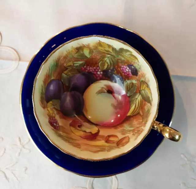 RARE Aynsley ORCHARD GOLD Cobalt Blue Tea Cup and Saucer 2