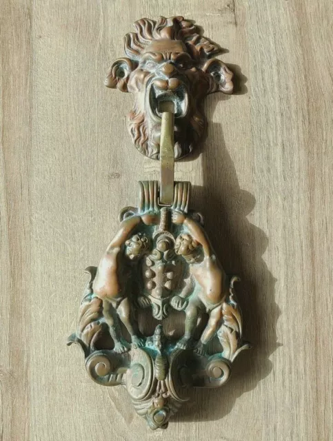 Antique Grotesque Mask & Cherubs Italian Renaissance Medici Brass Door Knocker