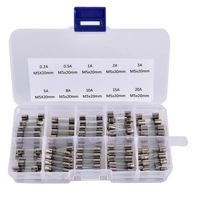 100 pz fusibili tubo di vetro per auto assortiti 10 tipi 0,2 A-20 A fusibile tubo di vetro fusibile fine