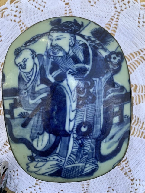Antique Chinese Porcelain Silver-Plated Shard Box Celadon-&-Blue With Characters
