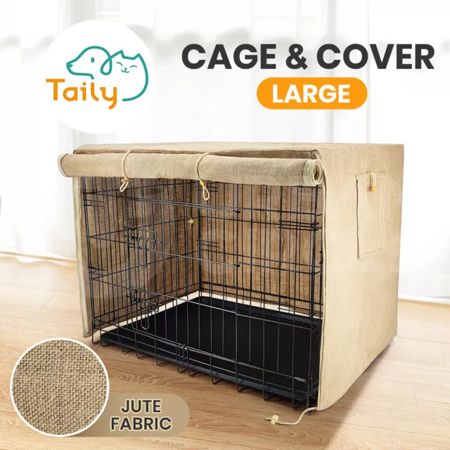 Taily 42" Dog Cage Foldable 3 Doors Metal Pet Crate with Jute Cover and Tray L