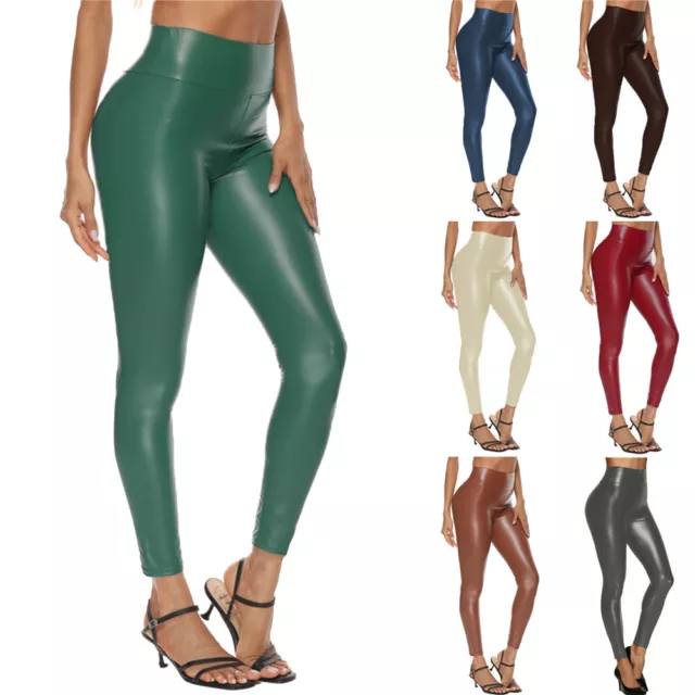 High Waist Pencil Pants Bodycon Trousers Ladies Latex Patent Leather  Leggings