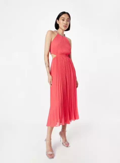 Michael Kors Women Chain-Link Trim Pleated Cutout Midi Dres Geranium Sz M 12420