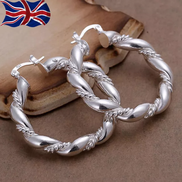 925 Sterling Silver Hoop Earrings Large Twisted Rope Chunky Gift Bag UK