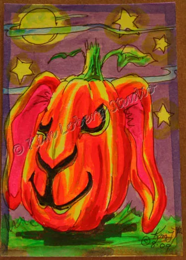 bunny Rabbit neon Pumpkin Halloween Night moon Star ACEO EBSQ Loberg Mini Art