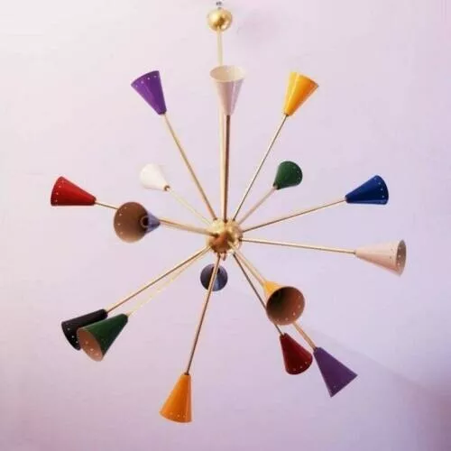 Mid Century Multicolored Sputnik Brass Chandelier Stilnovo Lights 16 Arms Lights