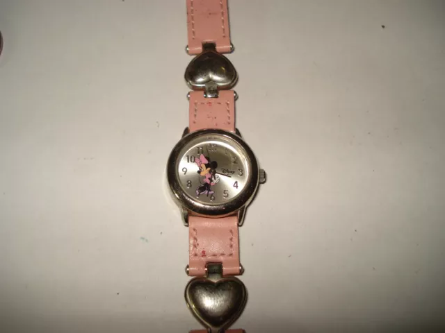 Rare Disney Mickey Minnie Mouse Pie Face Silver Heart Petite Watch Pink Band