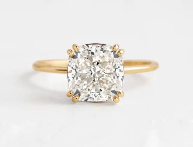 Moissanite Engagement Cushion Cut Ring 14K Solid Yellow Gold