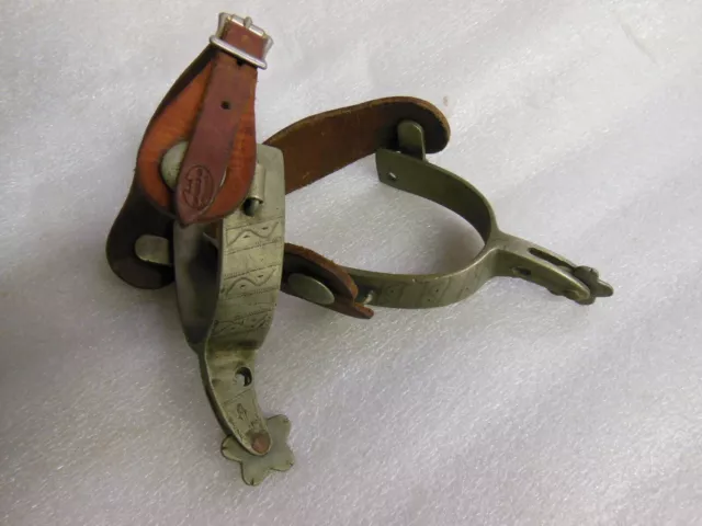 old Engraved STAR STEEL SILVER Western Cowboy SPURS with thick Leather Straps