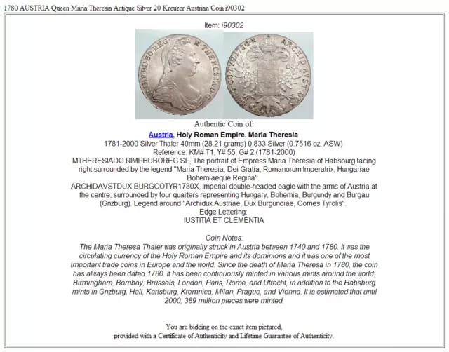 1780-2000 AUSTRÍA Reina María Teresa Taler de Plata ANTIGUA Moneda Austriaca i90302 3