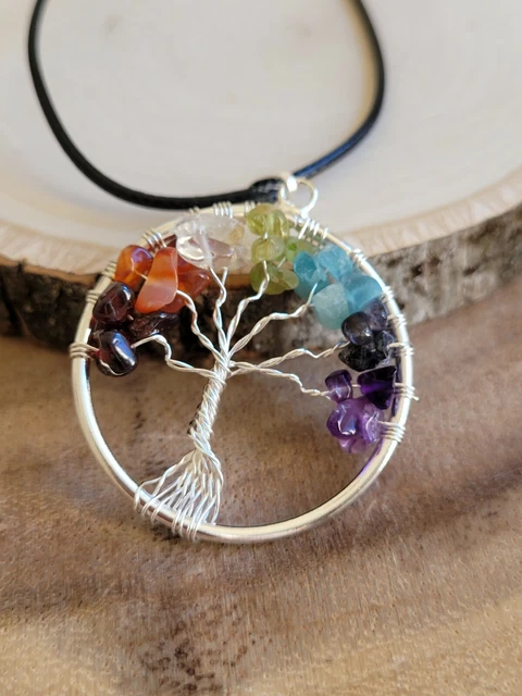 7 Chakra Genuine Gemstone Tree of Life Circle Pendant Healing Energy Necklace 2