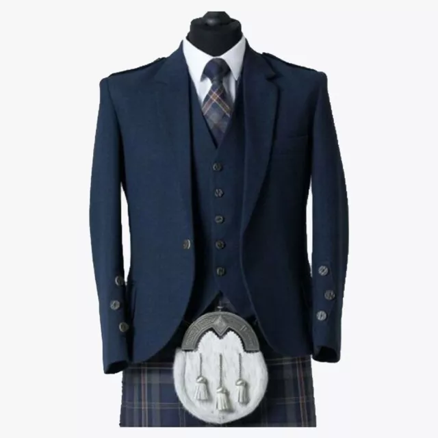 Navy Blue Argyle Kilt Jacket Scottish Blazer Wool Wedding Highland Argyll Jacket