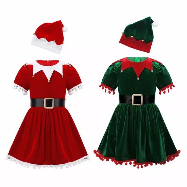 Costume Cosplay Bambine Elfo di Natale Babbo Natale Bambine Abito in Velluto con Cintura Cappello