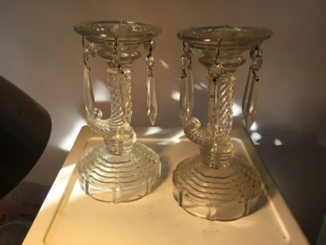 Pair of 1950 Indiana Glass 176 Cornucopia Candleholders 10 Crystal Prisms 8 1/2"