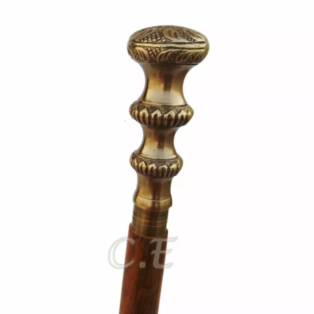 Brass Handle Knob Walking Cane Wooden Walking Stick Silver Gift Vintage Antique