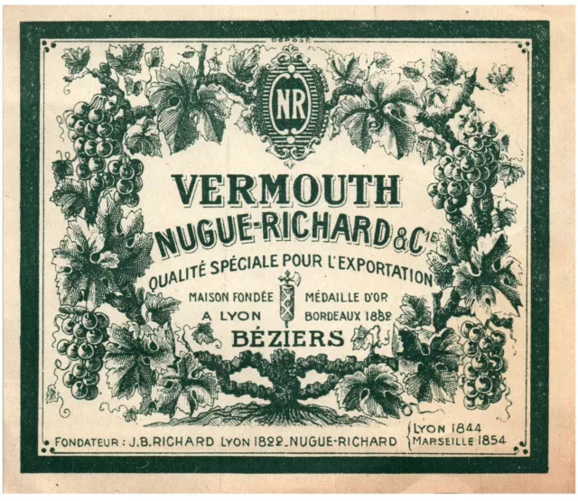 1930 French Vintage Wine Label Beziers NUGUE-RICHARD VERMOUTH Liqueur