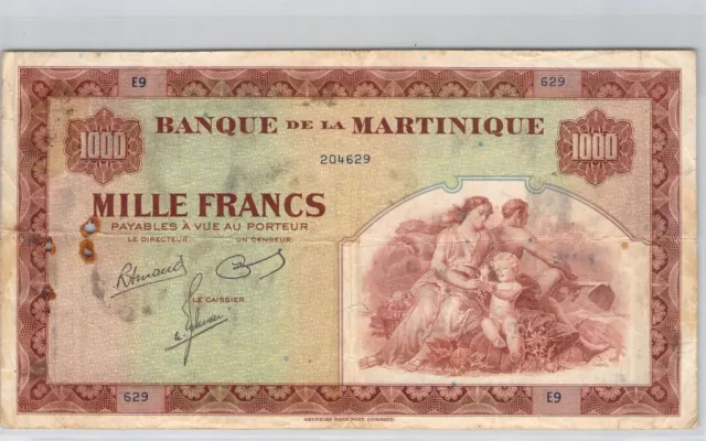 Bank de La Martinique 1 000 Francs ND (1942) Pick 21a Very Rare
