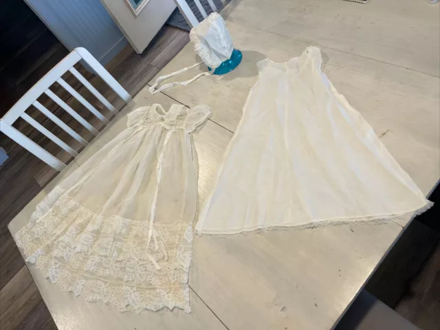 Antique Vintage Victorian Baby Christening Baptism Gown Dress 3pc slip bonnet￼