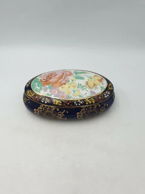Chinese Porcelain Oblong Lidded Trinket Box Cobalt Blue Gold Overlay Floral Rais