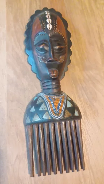 Handcrafted African Wood Face Beaded Cowrie Shell Metal Plates Mask Wall Art