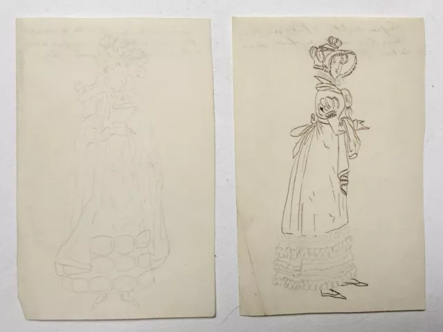 Deux dessins anciens, Mine de plomb et encre, Etude de costume, Femme, XIXe