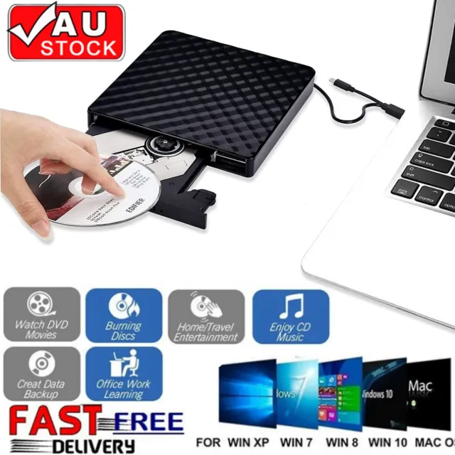 USB External CD RW DVD ROM Writer Burner Player Drive PC Laptop For Mac Windows