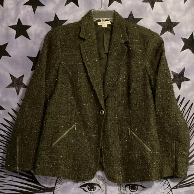 Coldwater Creek Womens Wool Mohair Jacket Blazer Sz 14, Dark Khaki, Zip Pockets