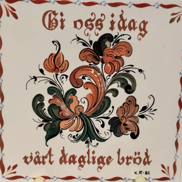 Vintage Norwegian Rosemaling Ceramic Tile Trivet Bergquist Imports Signed 6x6 2