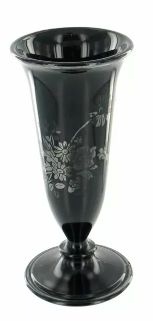 Vintage Schwarz Amethyst Glas W Sterlingsilber Blumenmuster Überzug Gerillt Urne