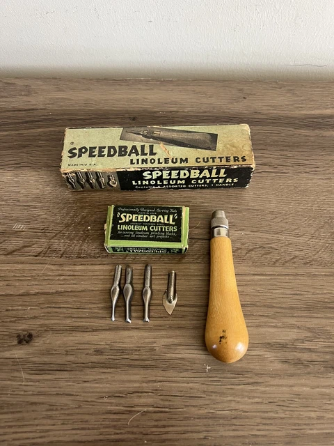 HERRAMIENTA DE CORTE DE LINÓLEO SPEEDBALL DE COLECCIÓN con 4 CUCHILLAS, MANGO Y CAJA Hecha en EE. UU.