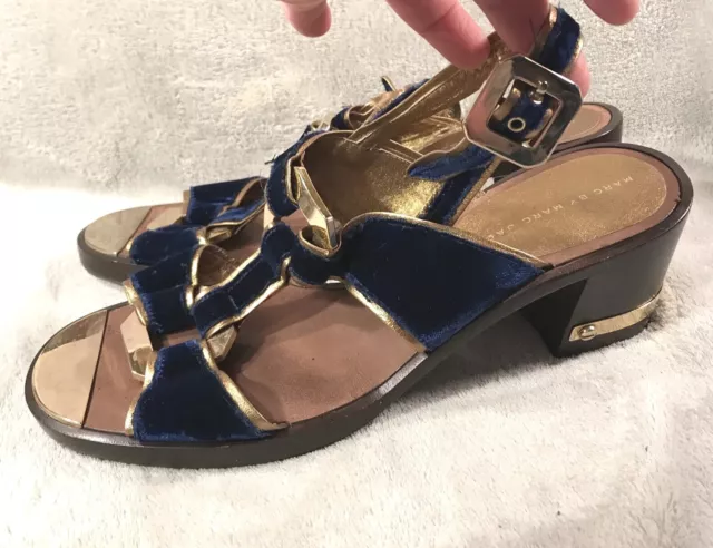 Marc By Marc Jacobs Blue Velvet & Gold Platform Sandals Size 40 US 9.5 3” Heel