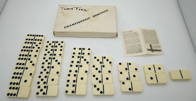 Vintage Bakelite Ivory Domino 28 Piece Set 2" X 1" X 3/8" Orig Championship Box