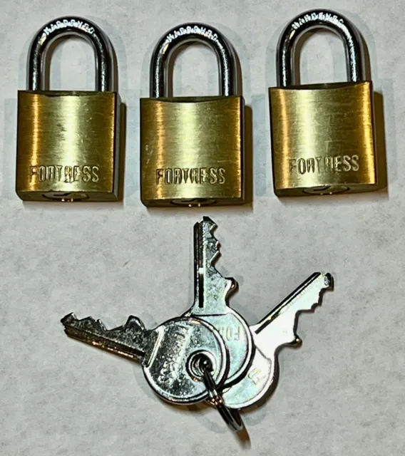 Vintage Lot of  3 FORTRESS BRASS padlocks with Keys - suitcase locks