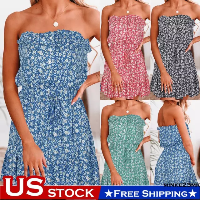 Women Sexy Boho Floral Strapless Summer Dress Ladies Holiday Beach Sun Dresses