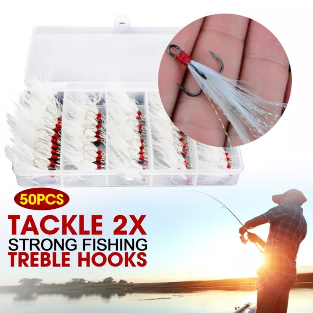 50 PCS Tackle 2X Strong Fishing Treble Hooks White Feather Dressed 10#8#6#4#2#