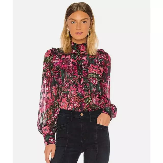 NWT Divine Heritage Bib Front Floral Ruffle Blouse Top Pink Size Small