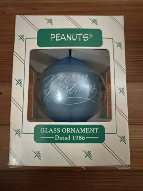 Hallmark PEANUTS Glass Ornament Blue Teardrop 1986 Snoopy Woodstock Ice Skating