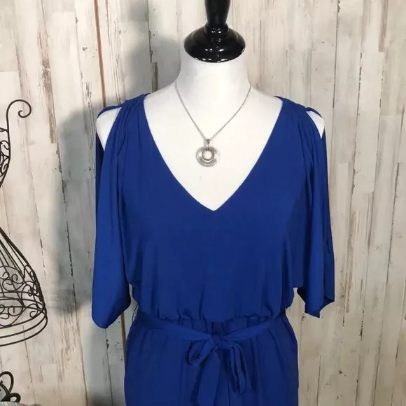 ~LN~ TRINA TURK Blue Cold Shoulder Sleeve Sheath Dress w/ Tie Belt SIZE 12 2