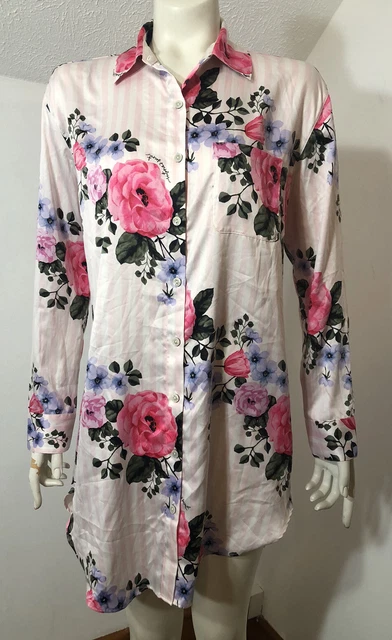 Victorias Secret Small Nightgown Shirt Pink Floral Satin Button Front Sample
