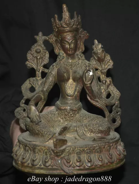 7" Old Tibet Buddhism Marked Copper Sit Louts Green Tara Goddess Sculpture