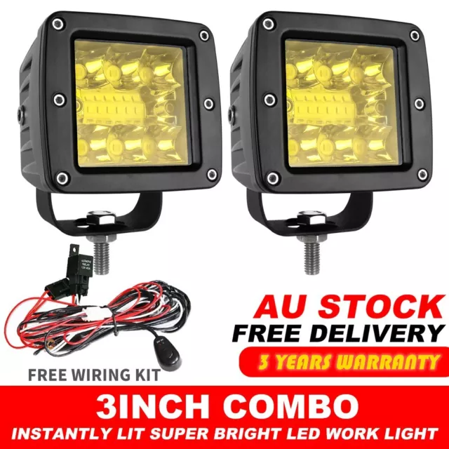 2x 3inch LED Work Light Spot Flood Truck 4WD Fog Amber Reverse Driving Pods+Wire
