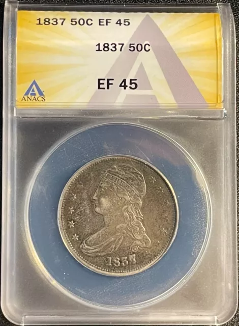 1837 50c Capped Bust Half Dollar Reeded Edge Choice Extremely Fine ANACS XF45 EF