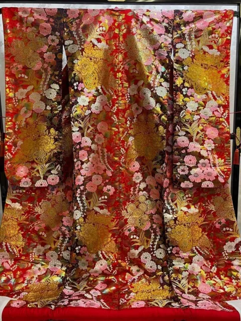 Japanese Silk Kimono Robe Uchikake Wedding Embroidery Gold Red Antique U29