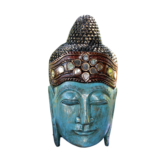 Blue Buddha Mask Wall sculpture Balinese Hand Carved Wood Bali Art Handmade