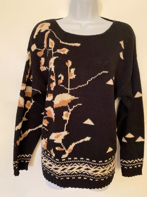 Vintage 80's Campus Casuals Of California women's Size M Black Floral Sweater