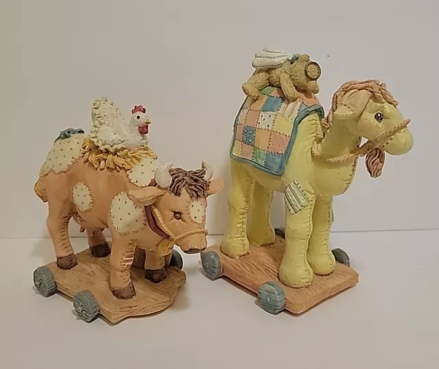 Vintage 2 Cherished Teddies Pull-Toy Nativity Figurines Camel and Cow By Enesco